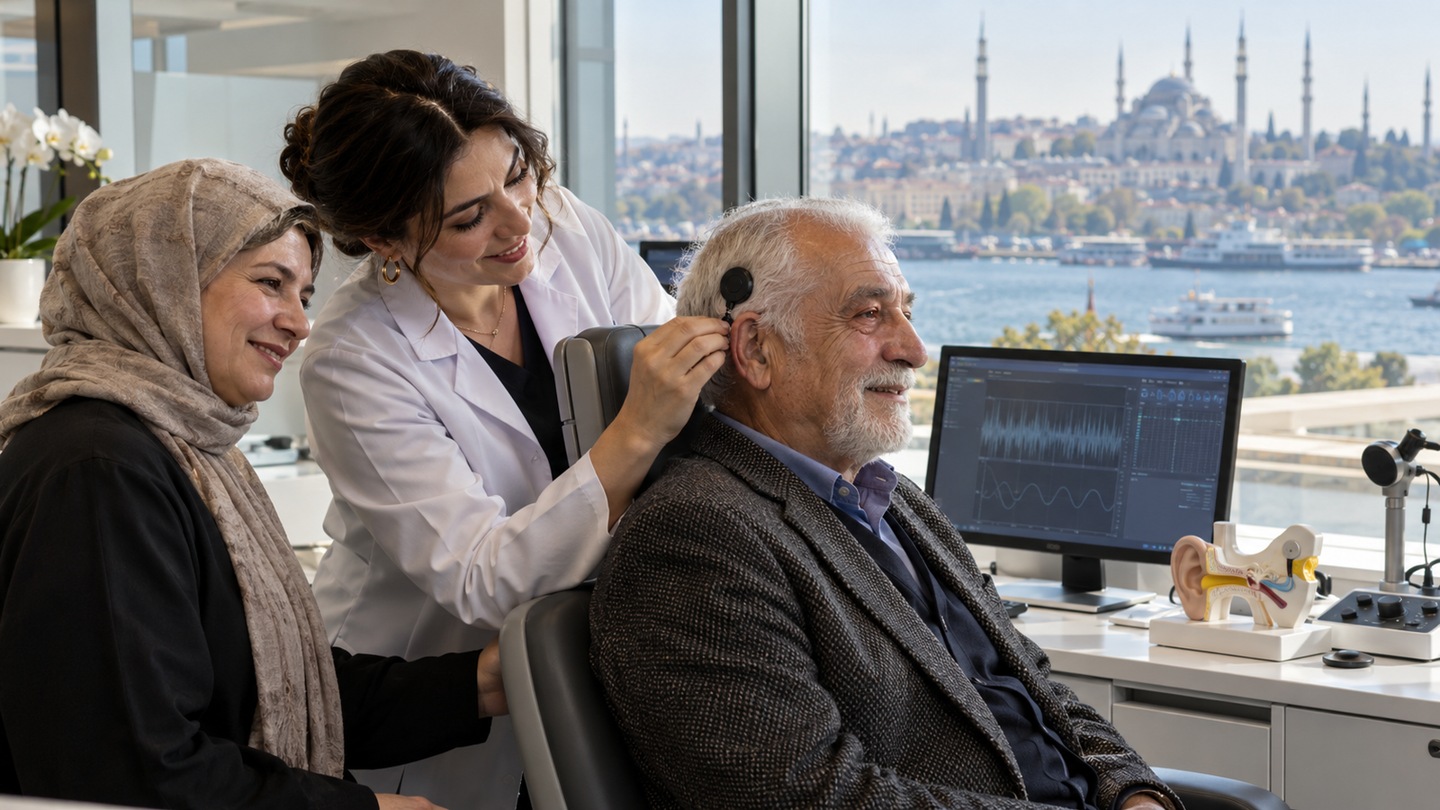 Patient discussing cochlear implant candidacy, surgery, activation, programming and long-term hearing rehabilitation with an ENT and audiology specialist.