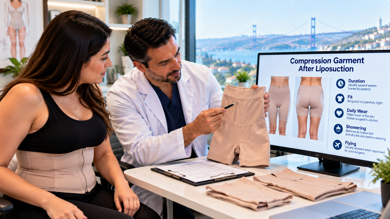 Post-liposuction patient wearing a compression garment while a plastic surgeon checks proper fit, pressure and recovery instructions during follow-up.