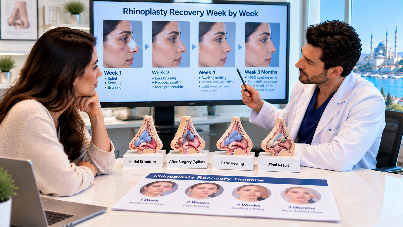 Patient reviewing week-by-week rhinoplasty recovery with a plastic surgeon, including swelling, splint removal, healing milestones and gradual return to normal activities.