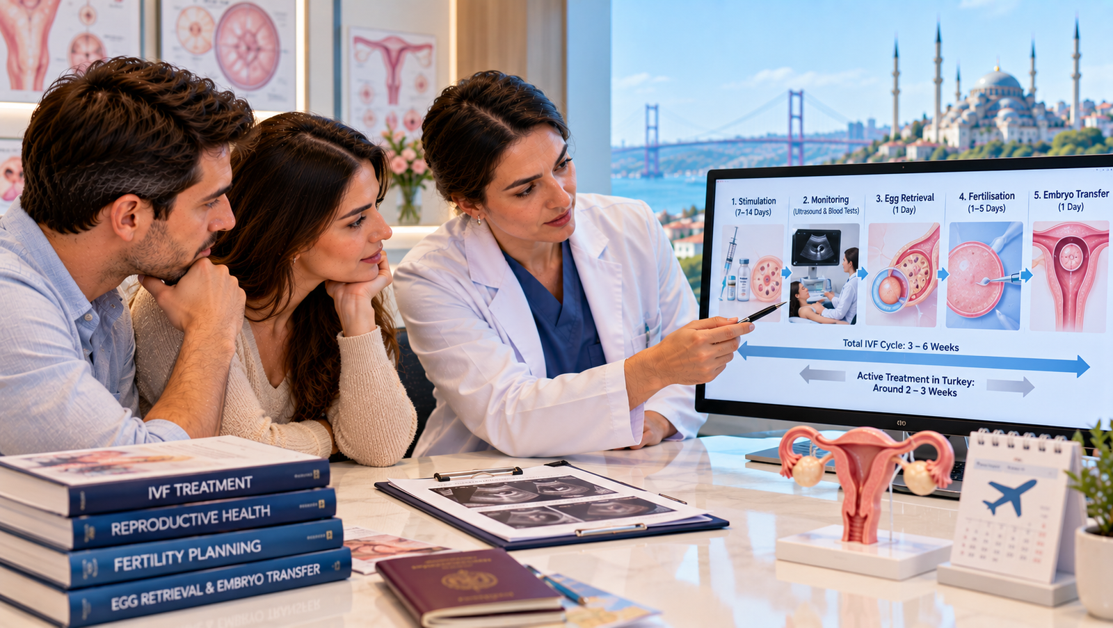 Couple reviewing the IVF treatment timeline, monitoring schedule, egg retrieval, embryo transfer and travel planning with a fertility specialist in Turkey.