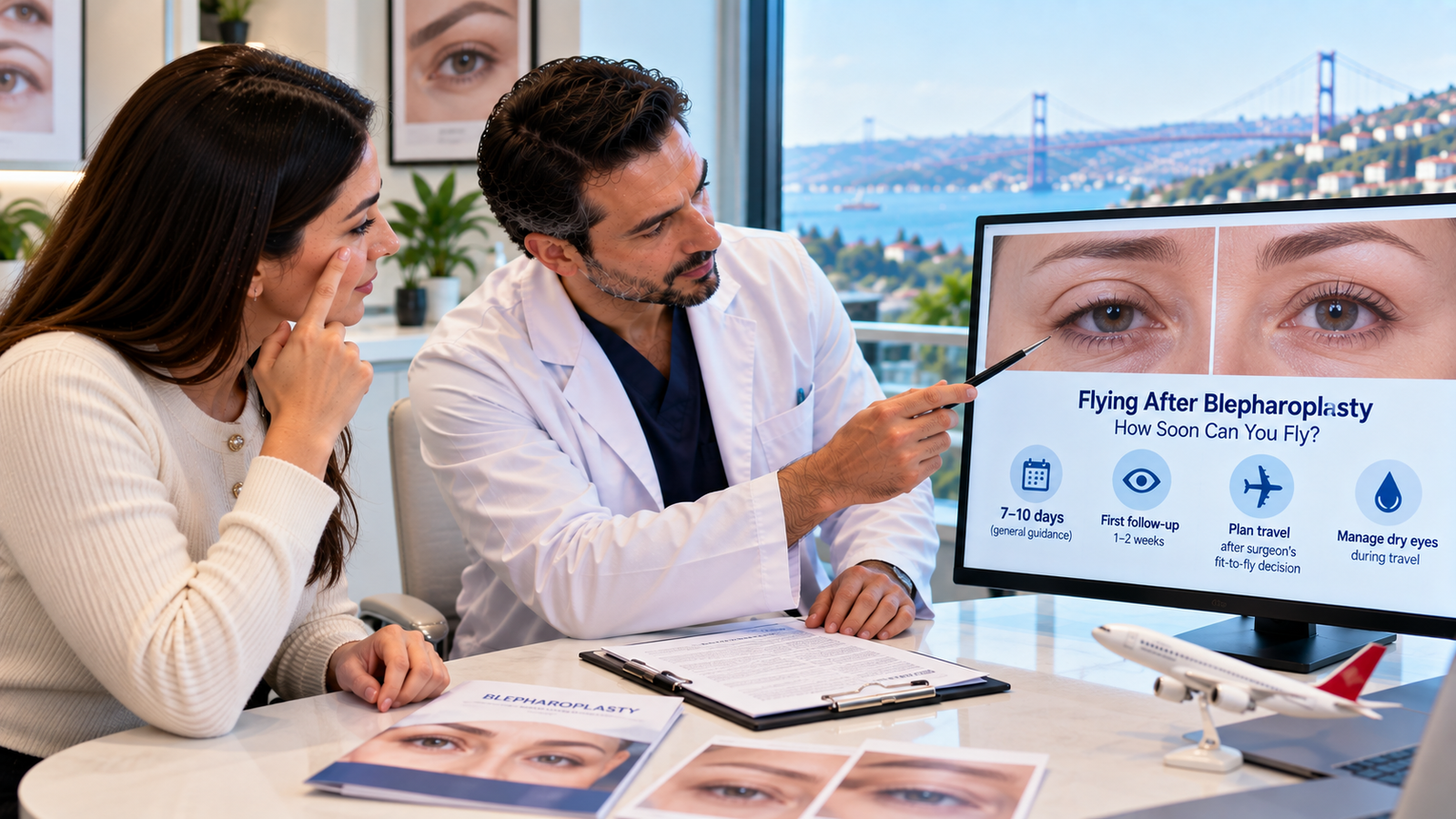 Blepharoplasty patient discussing eyelid recovery and safe flying time with a surgeon, including swelling, follow-up and travel precautions.