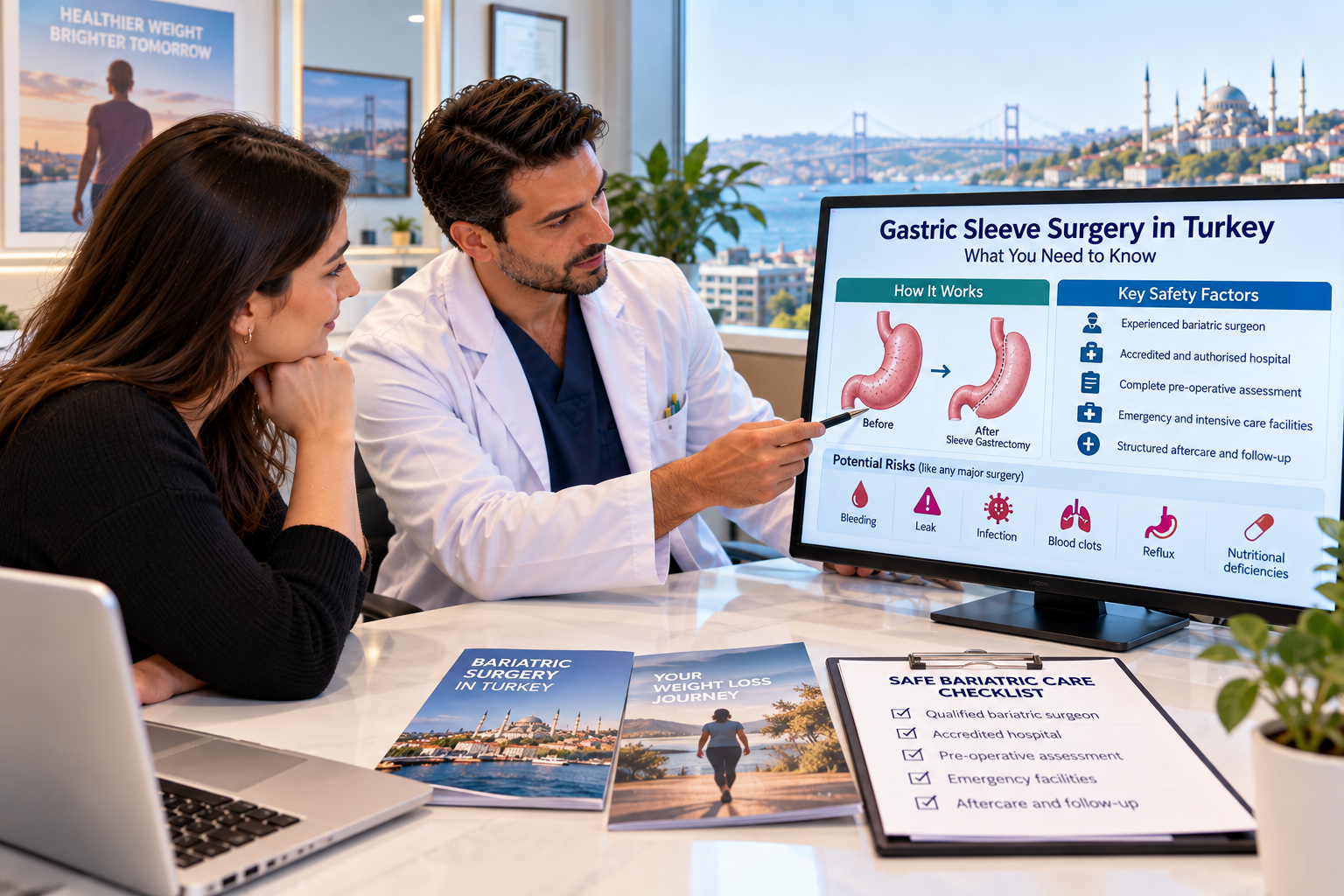 Patient discussing gastric sleeve surgery safety, potential risks, hospital standards and aftercare with a bariatric surgeon in Turkey.