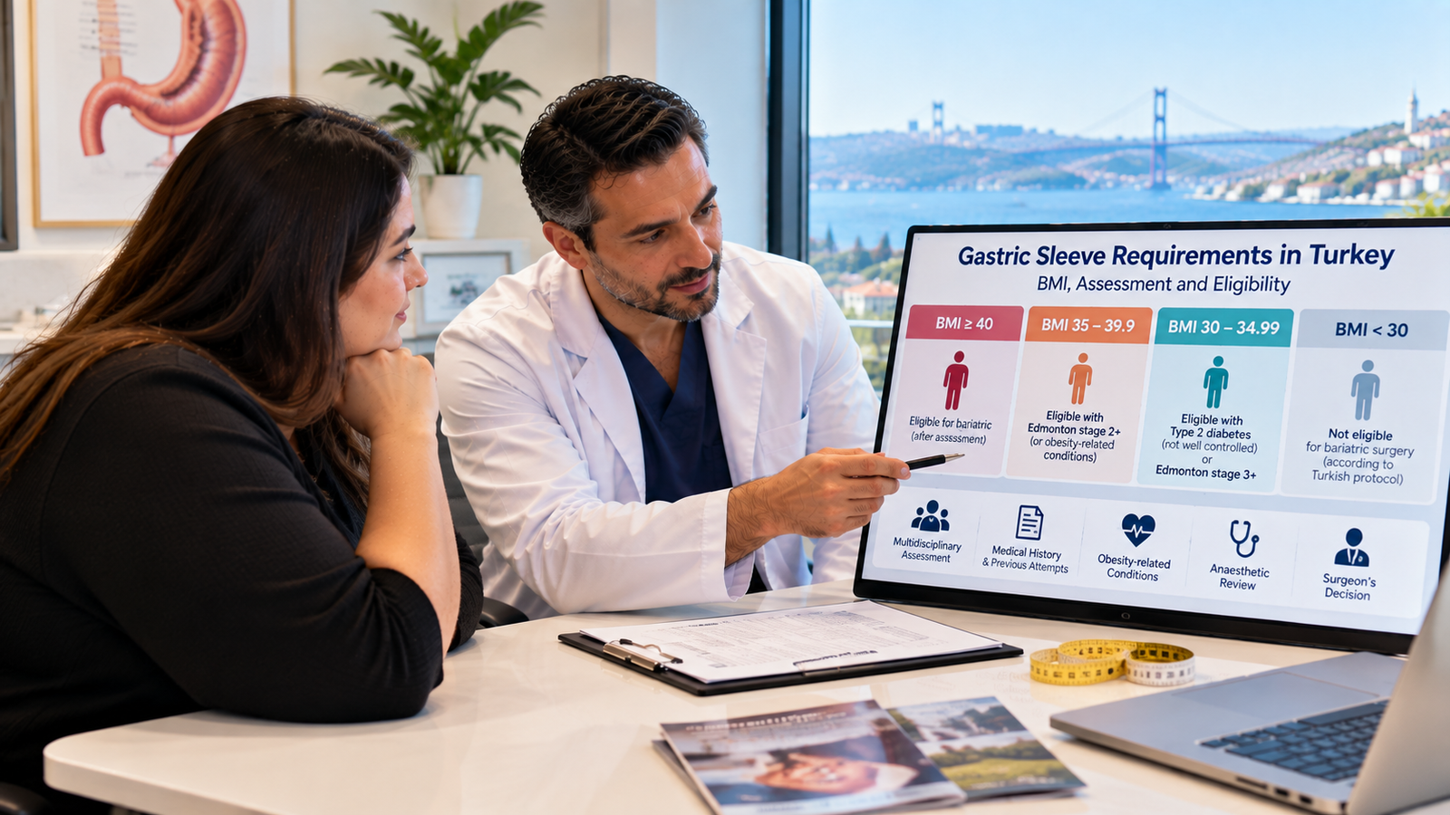 Patient reviewing gastric sleeve eligibility, BMI requirements, medical history and pre-operative assessment with a bariatric surgeon in Turkey.